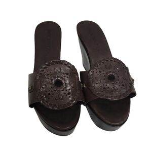 Jack Roger Brown Leather Wood Wedge Sandals Size 9M‎